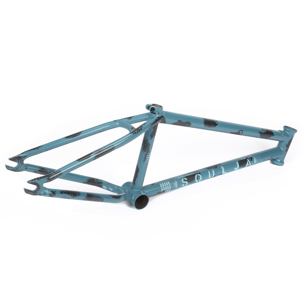 The 2021 BSD Soulja V4 Frame combines durable chromoly tubing with a teal, distressed finish. Its bold "Soulja" text on a white background ensures it stands out for any enthusiast.