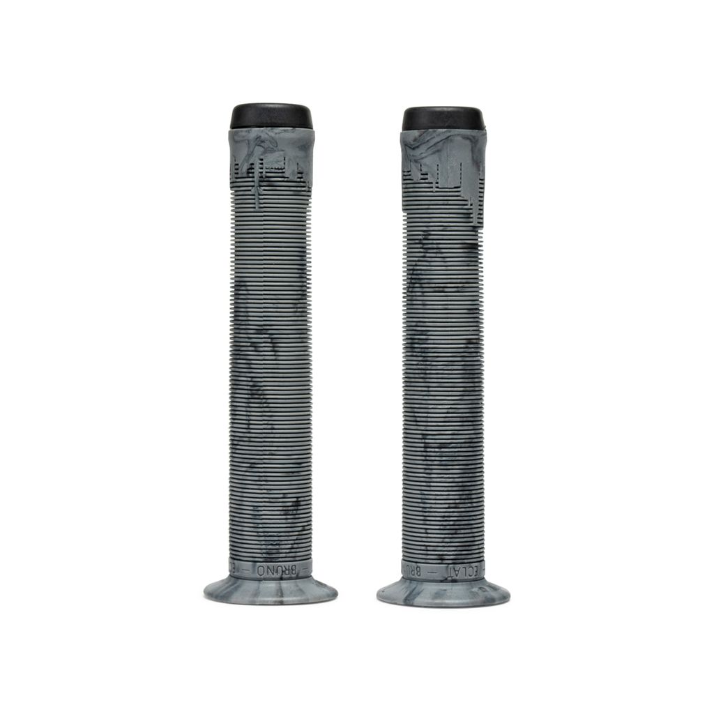 Brand new pair of gray Eclat Bruno Grips with black accents, standing upright. Each grip, endorsed by Bruno Hoffmann, showcases a ribbed texture and a flared base.