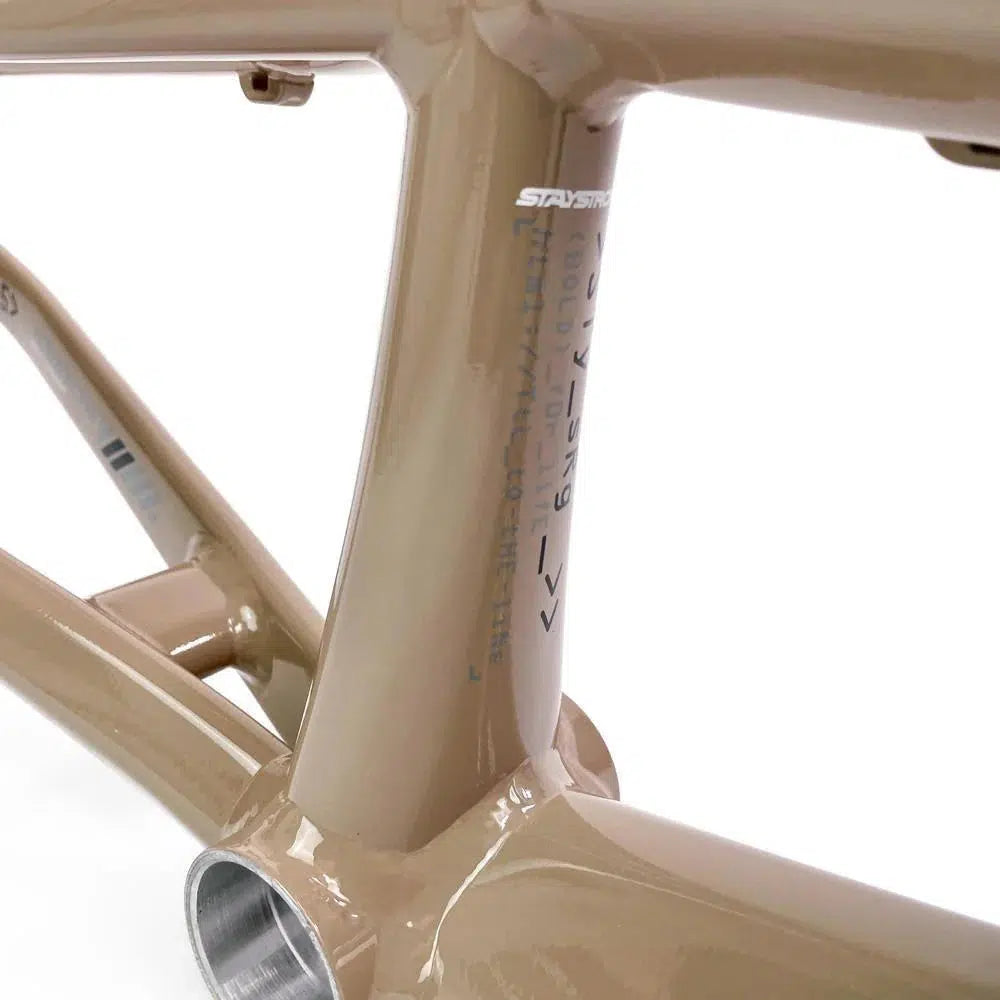 Close-up view of a light brown Staystrong V5 Disc Pro XXL Frame, showcasing the intersecting 6061 alloy tubing and the Stay Strong branding.