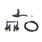 The Arise Sphere V-Brake Kit (Expert 85mm) includes a black lever, two brake pads with calipers, screws, and a coiled black cable. Made from durable 6061-T6 alloy for enhanced performance and reliability. Ideal for mini/junior/expert-sized bikes on a white background.