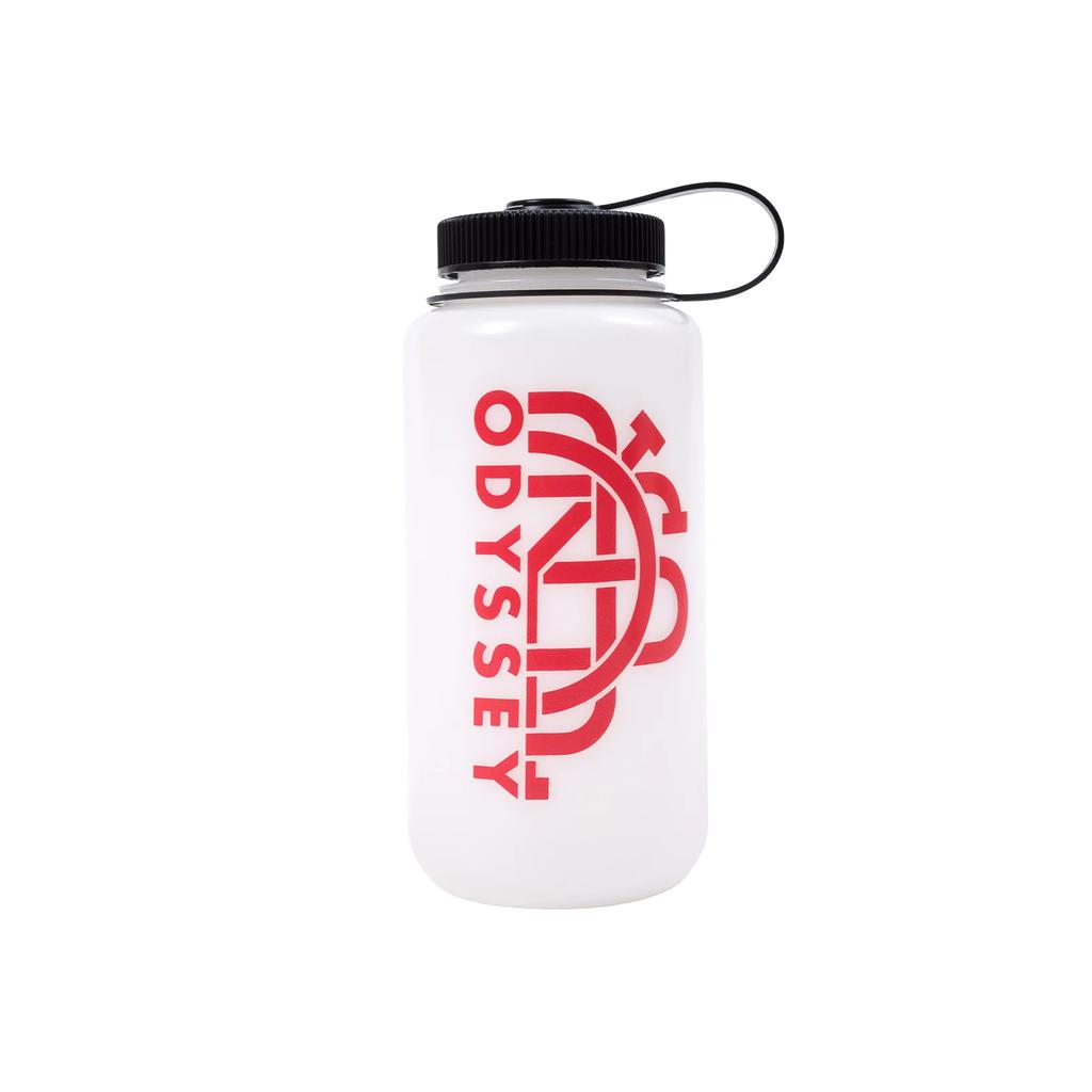 Meet the Odyssey Split Monogram Water Bottle: a stylish white bottle with a black cap and handle, featuring a striking red logo and vertical "ODYSSEY" print. This durable, BPA/BPS-free accessory is your perfect adventure companion.