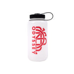 Meet the Odyssey Split Monogram Water Bottle: a stylish white bottle with a black cap and handle, featuring a striking red logo and vertical "ODYSSEY" print. This durable, BPA/BPS-free accessory is your perfect adventure companion.