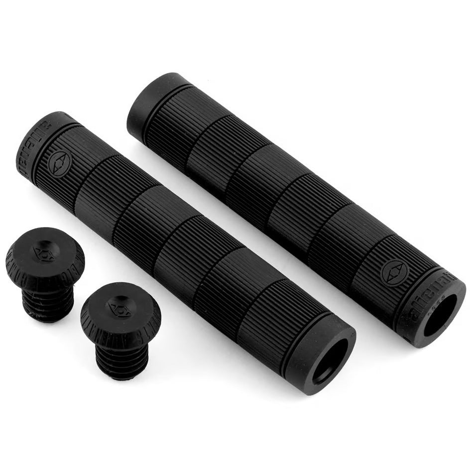 Two black Alienation Backlash V2 cylindrical bicycle handlebar grips with textured surfaces, made from a proprietary formula rubber for durability, are side by side. Flangeless in style, they have two end caps in front for a sleek finish.