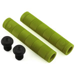 A pair of Alienation Backlash V2 Grips, green with textured rubber from a proprietary formula, featuring matching black end plugs, shown side by side on a white background.