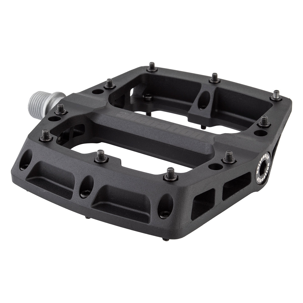 The Alienation Foothold Pedals are black bicycle pedals, featuring a chromoly spindle, multiple grip pins, and a silver attachment bolt on the side.