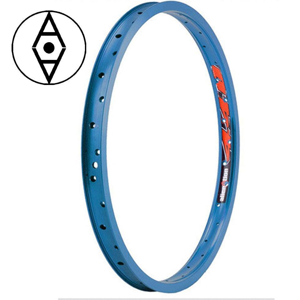 The Alienation 440 20 Inch Rim is perfect for intermediate jump enthusiasts, featuring multiple drill holes and a striking red logo. Made from top-notch race material, it ensures durability and includes a black geometric logo in the upper left corner.