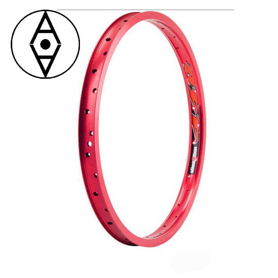 The Alienation 440 20 Inch Rim is a red bicycle rim made from 6061 T6 aluminum, featuring circular holes and a striking graphic design on a white background. Ideal for race enthusiasts, it showcases the logo elegantly in the top left corner.