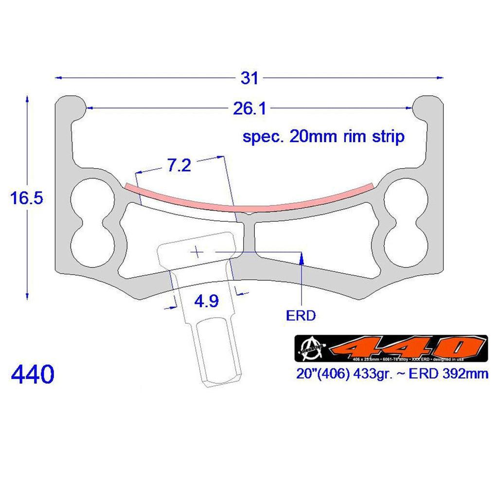 The Alienation 440 20 Inch Rim features a technical cross-section diagram, made from 6061 T6 alloy, perfect for racing. It includes labeled dimensions: 31mm width, 16.5mm height, with specifics at 7.2mm and 4.9mm, an ERD of 392mm, and a logo displaying "440" for riders tackling intermediate jumps.