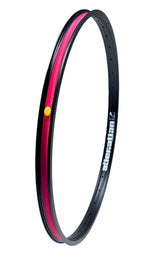 The Alienation Malice G69 TCS OS20 Inch Braked Rim showcases a striking black design with a red inner lining and yellow detailing, prominently featuring the word "Alienation" in white text. It includes advanced TCS Malice technology and incorporates 4D drilling for improved performance and style.