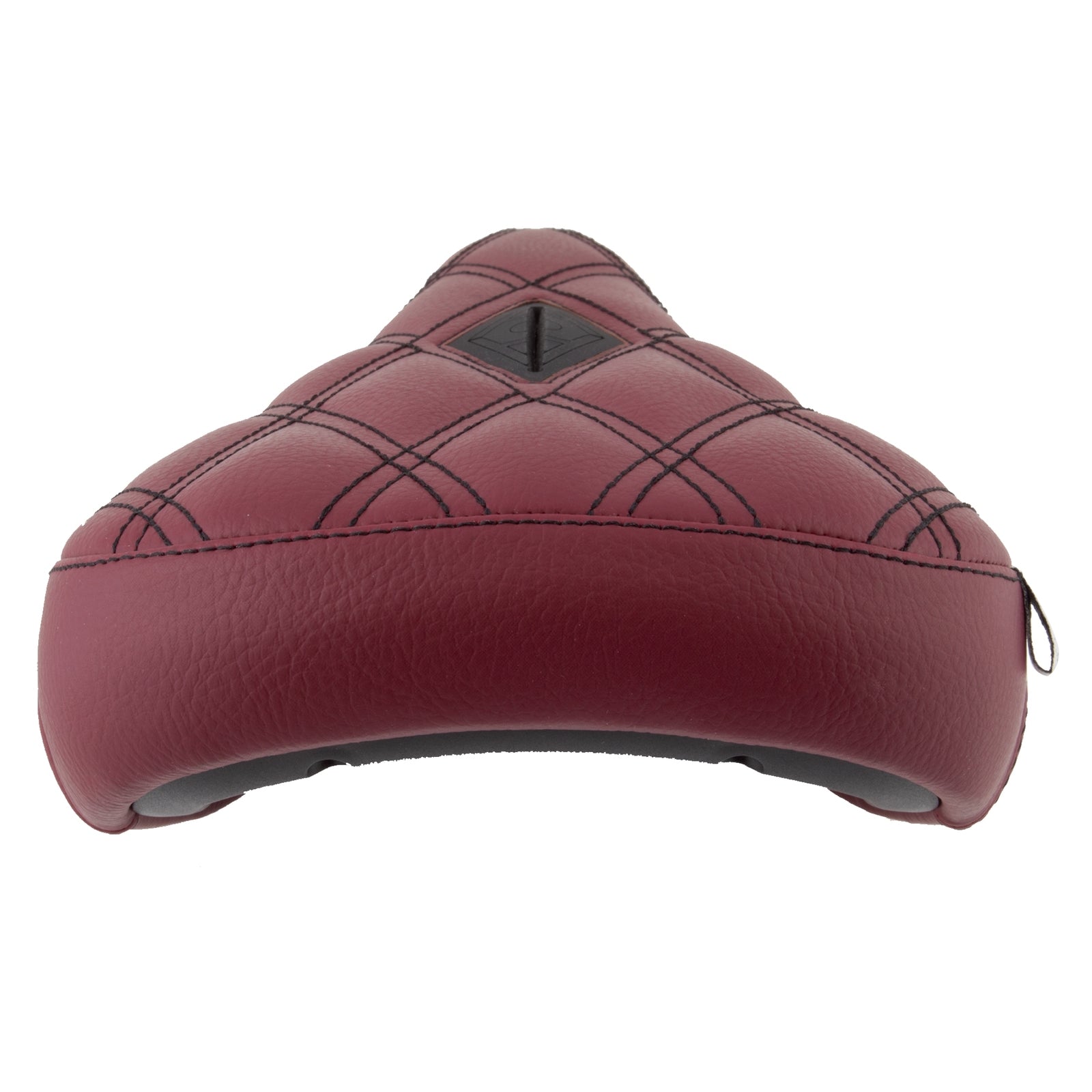 Close-up of the Alienation Gripper Pivotal Seat in burgundy, featuring black diamond-patterned stitching and crafted from Vegan Tufted leather, viewed from the rear.