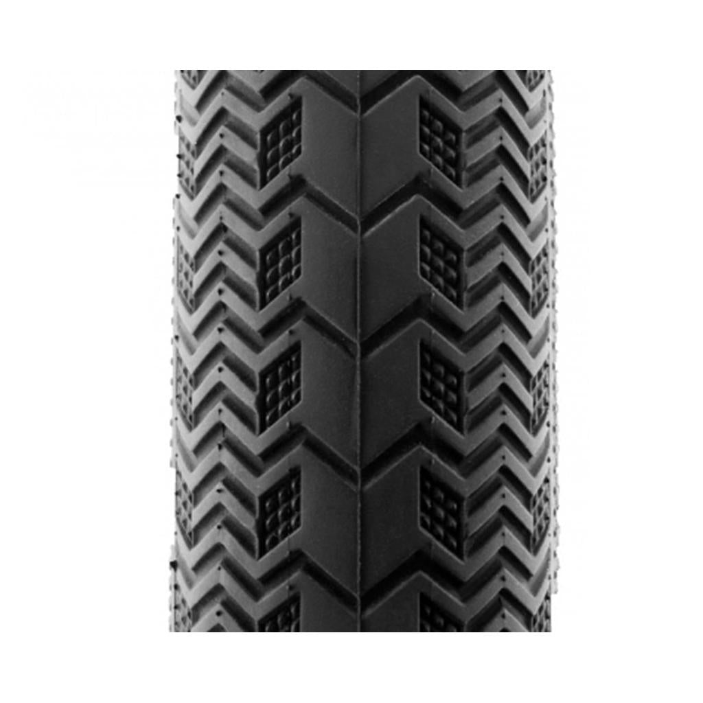 Close-up of the Alienation TCS R2 Tyre (Tubeless/Foldable) features a black tread with zigzag and square patterns, highlighting its complex directional design and texture.