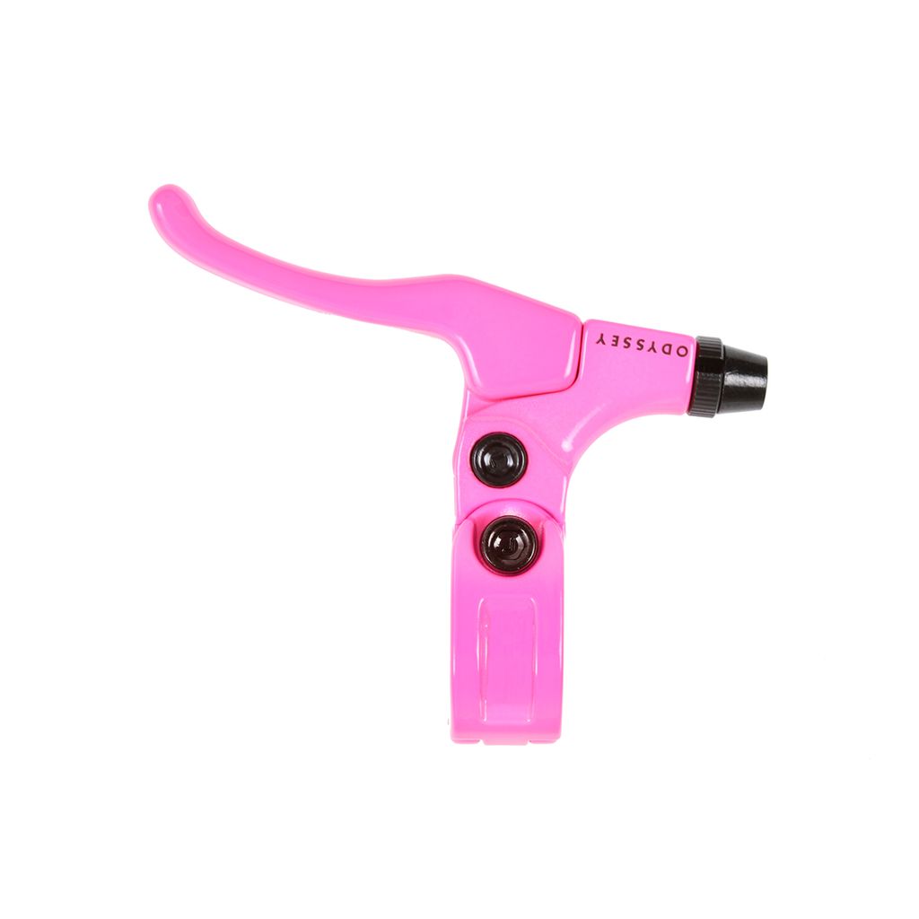 Close-up of an Odyssey Monolever Short Lever in pink, featuring the brand name "Odyssey" printed on it. This short brake lever includes two adjustment screws and a black barrel adjuster, making it a popular choice among pro riders for its precision and control.