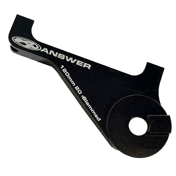 Close-up image of a black metal piece with the text "Answer 10mm Horizontal Disc Brake Mount" engraved on it.