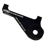 A black, metal bicycle part labeled "Answer 10mm Horizontal Disc Brake Mount." The text also details "120mm 20 Slammed." The part has a small, round hole and a larger, round cutout, resembling components used in disc brake mounts.