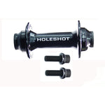 Black bicycle hub labeled "Answer Front 10mm Pro Hub 36H" with two bolts below it, featuring a robust Hub Shell Bearings setup.