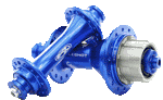 The Answer Holeshot Mini Hub Set 28H in blue features flanges and a freehub body with precision sealed bearings, emblazoned with the "HALESHOT" brand name to ensure top performance.