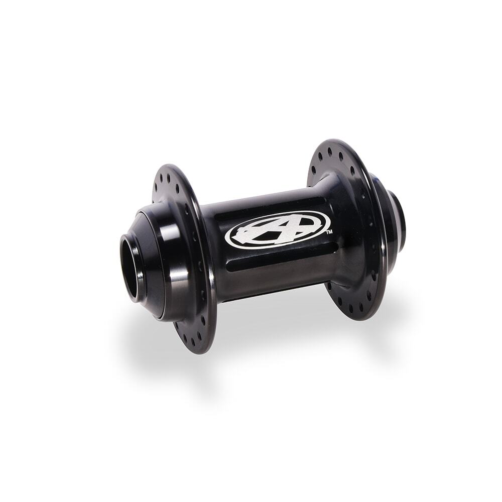 A black CNCd hub body with multiple spoke holes on both sides, featuring a silver logo in the center. This Answer Front 20mm Thru-Bolt Pro Hub 36H is equipped with EZO bearings for smooth performance.