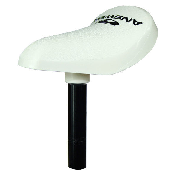 The Answer Mini Combo Seat features a sleek white seat made of lightweight plastic, paired with a black aluminum post and logo on top.