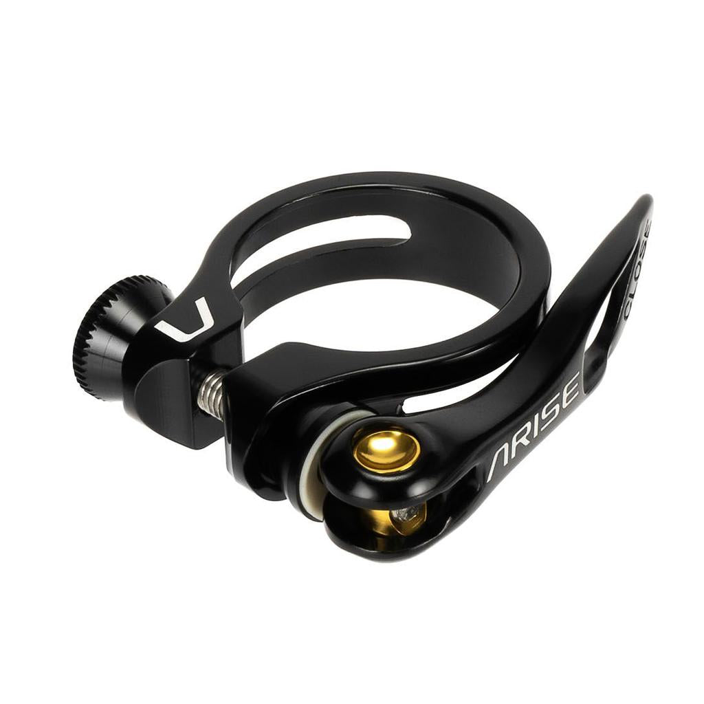 The Arise Ozon Seat Post Clamp is a lightweight, CNC-machined black quick-release clamp with a silver adjustment screw and gold accents. The brand name "ARISE" is visible, making it ideal for BMX race bikes by combining style and performance.