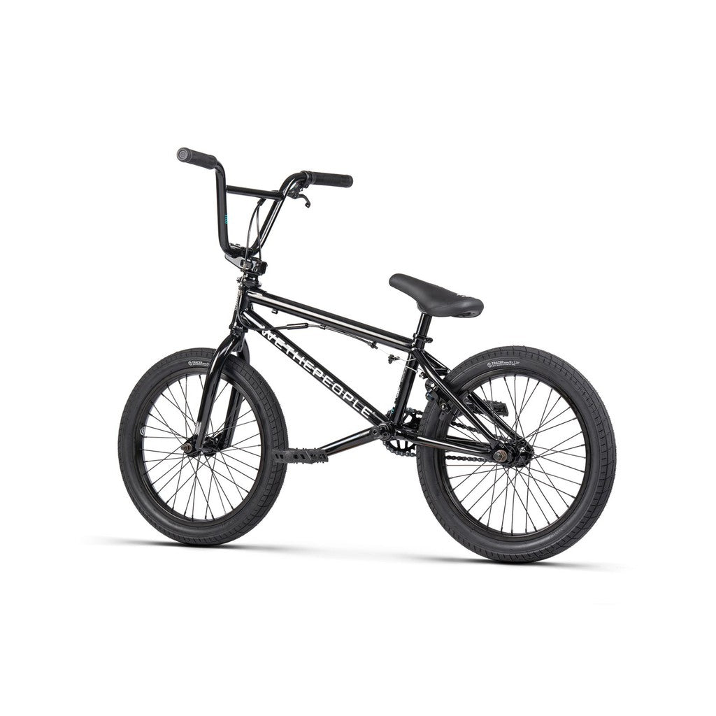 The Wethepeople CRS FS 18 Inch BMX Bike is black, with a sturdy frame, wide tires, and straight handlebars, ideal for exciting freestyle riding.