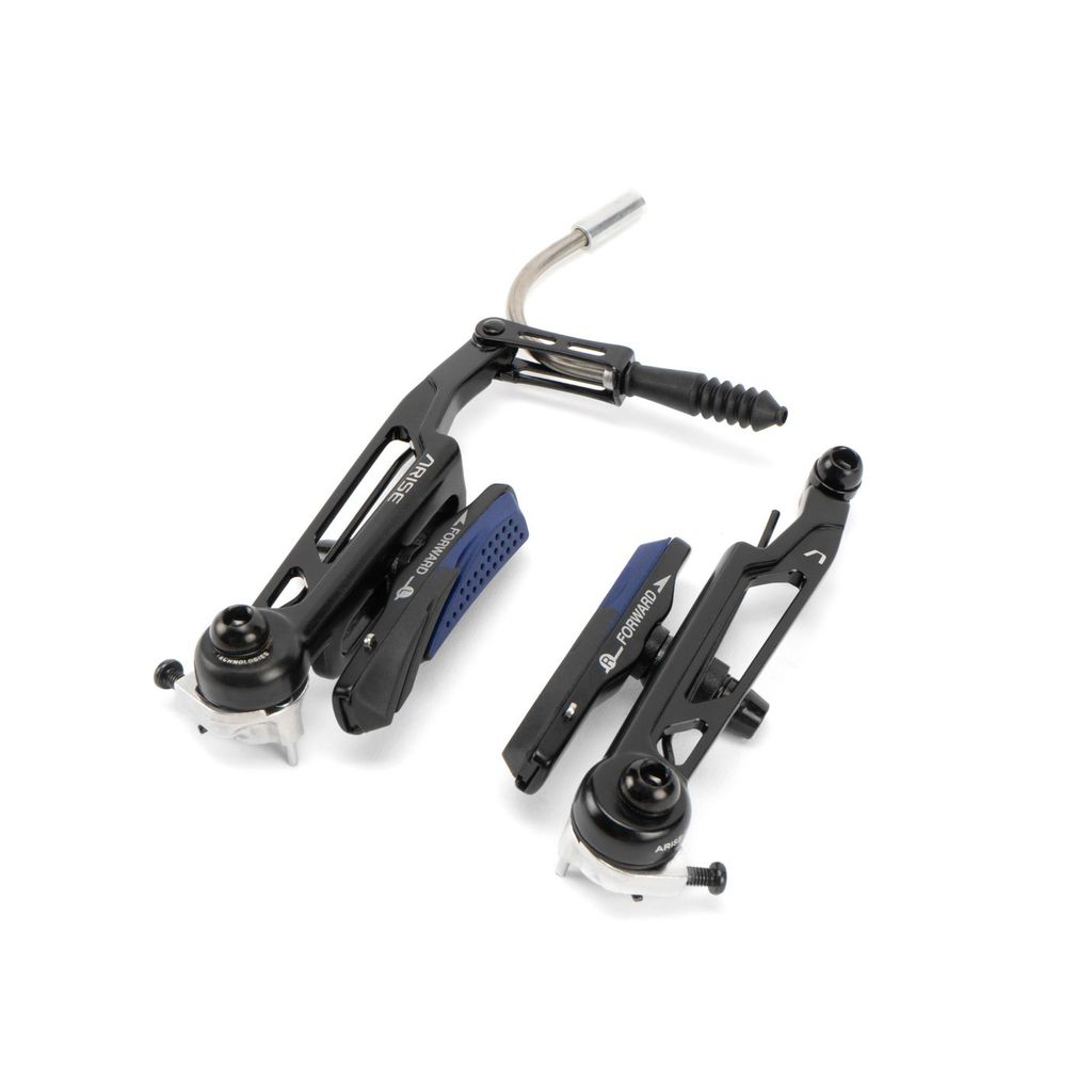 The Arise Xenon V-Brake Calipers (Pro 110mm) feature sleek, cold-forged black arms and dual compound blue brake pads with metal adjustment screws, all elegantly displayed on a white background.