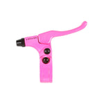 A close-up of the Odyssey Monolever Medium Lever showcasing its pink design with a black adjustment knob and bolts, along with a lightweight, hinged clamp for easy installation, set against a white background.