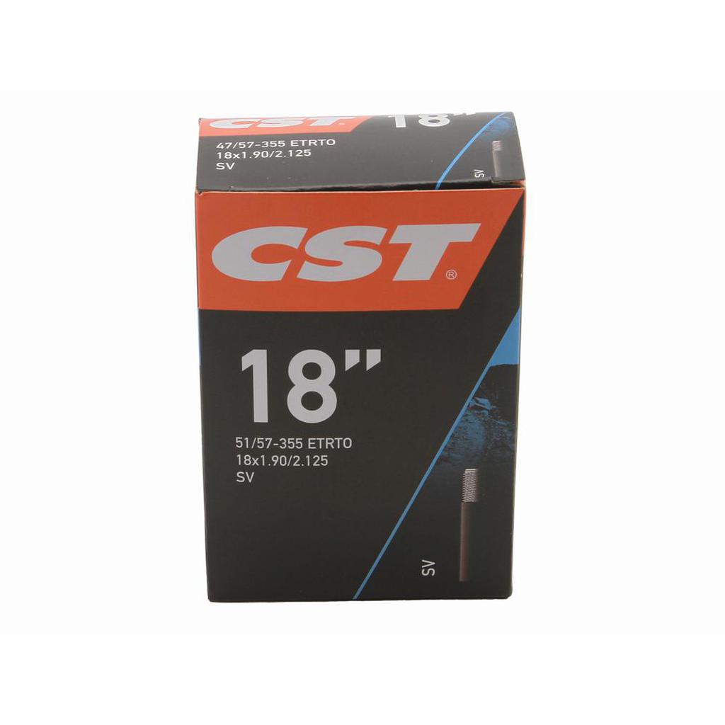 Packaging for the CST 18INCH TUBE, specified as 51/57-355 ETRTO and sized at 18x1.90/2.125 SV, is compatible with a Presta valve for enhanced convenience and efficiency.