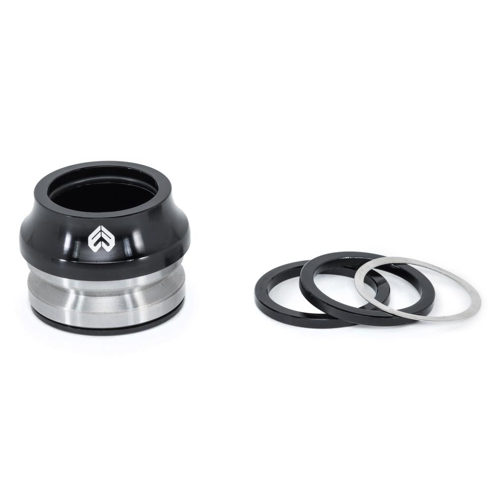 The Eclat Wave 16mm Headset showcases sleek components like a black and silver bearing cup with a logo, premium sealed bearings, and circular spacers, all artfully displayed on a white background.