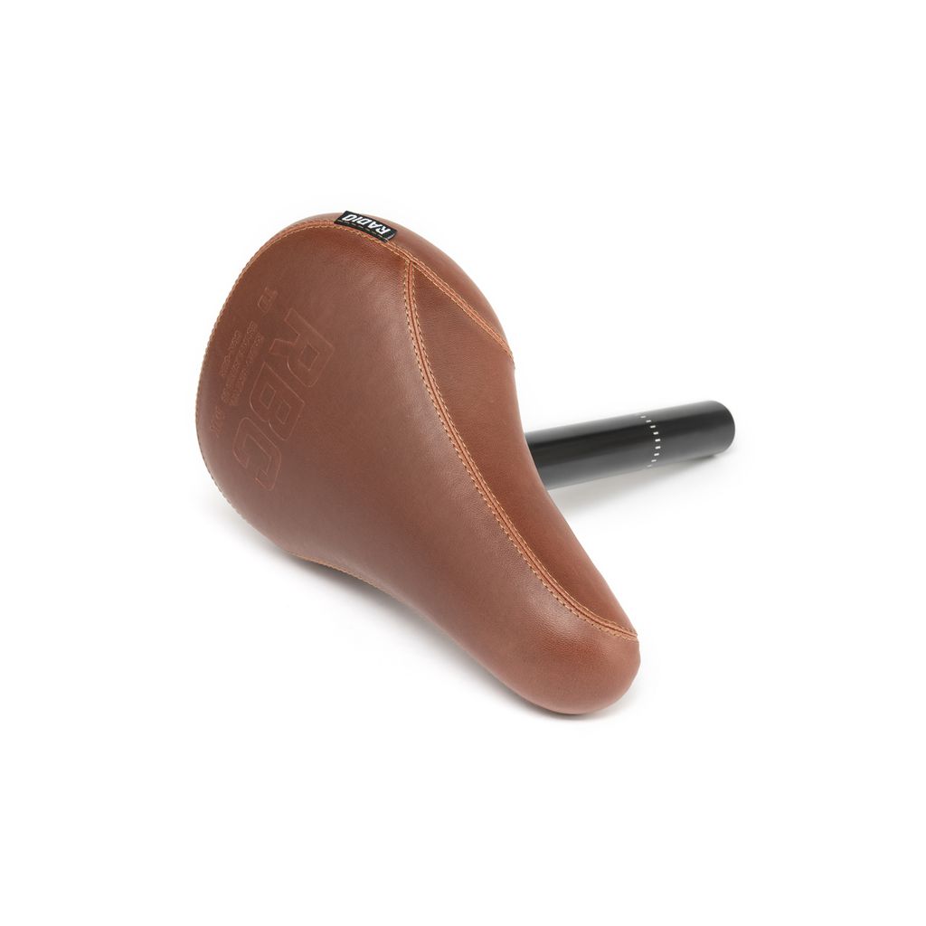 Radio Century Combo Seat in brown leather features fat foam padding and a black seat post, crafted from durable material, isolated on a white background.