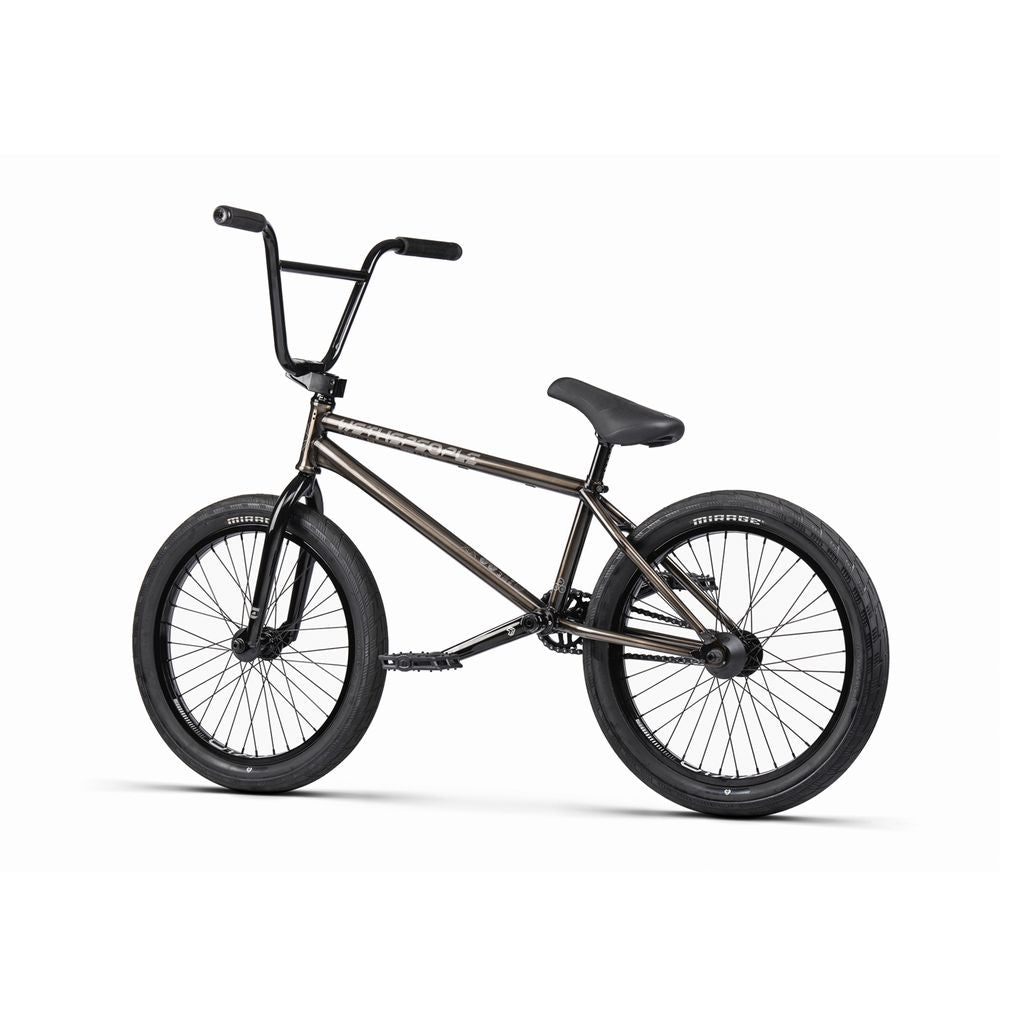 The Wethepeople Envy 20 Inch BMX Bike is a black bike with a sleek frame, wide tires, and high handlebars featuring Eclat parts, designed for tricks and stunts.