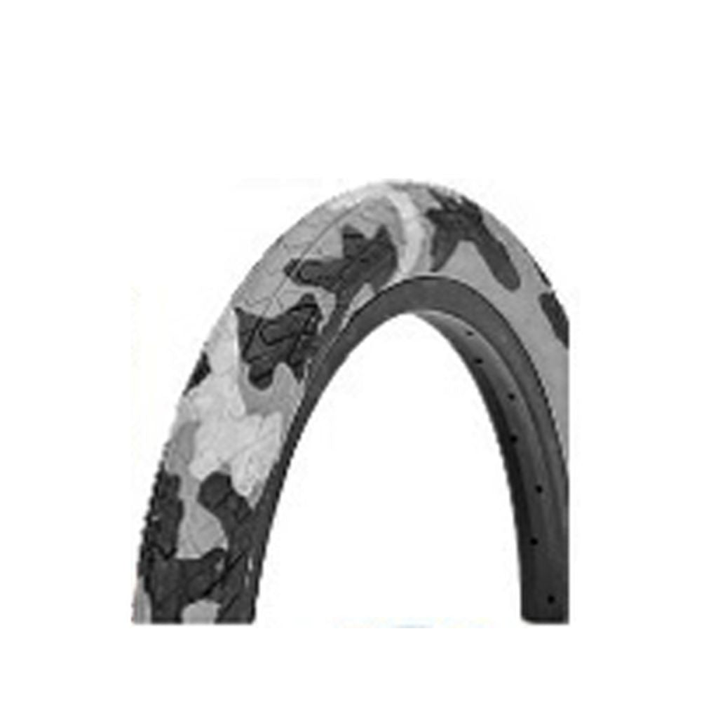 The DRS Arrow FS Coloured Tyre features a black and gray camouflage pattern against a white background, designed to provide superior grip for optimal BMX performance.