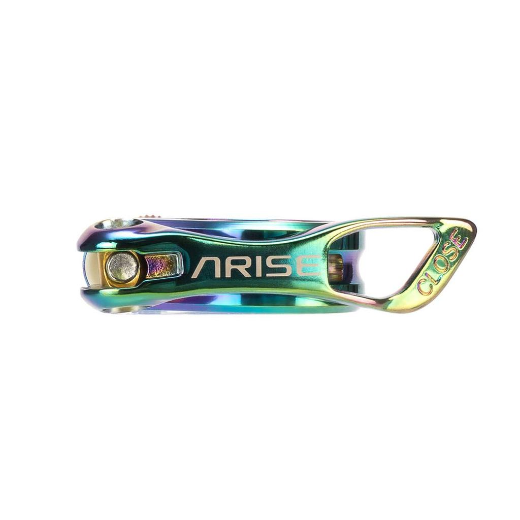 The Arise Ozon Seat Post Clamp is a vibrant, CNC machined seat post clamp ideal for BMX race bikes. Featuring "ARISE" and "CLOSE" engravings, it combines style and functionality and is available in 25.4mm or 31.8mm sizes.