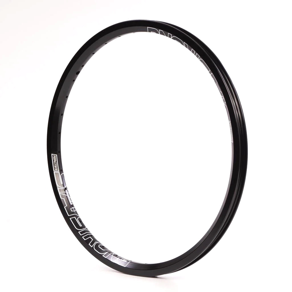 The Staystrong Reactiv-2 Rim 20 x 1.75 /36 Hole, featuring a black finish with white lettering, stands out vividly against the plain white background, highlighting its sleek design.