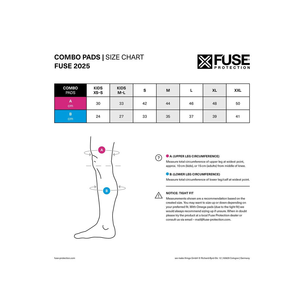 Size chart for the Fuse Echo 100 Knee/Shin Combo Pads (Pair), crafted with durable Rip Stop Cordura and featuring SAS-TEC protection. It provides circumference measurements from kids XS-S to adult XXL sizes, with instructions on measuring the leg at points A (upper) and B (lower), along with a notice advising a snug fit for optimal safety.