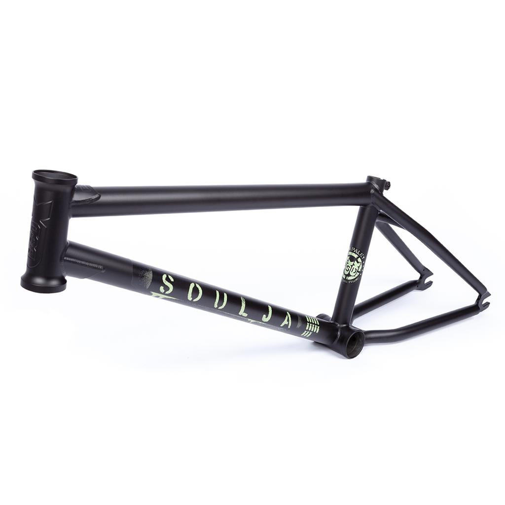 The BSD Soulja V4 Frame (2021) showcases "Soulja" in vibrant green on the sleek black downtube, paired with a Superscoop chainstay for improved performance.