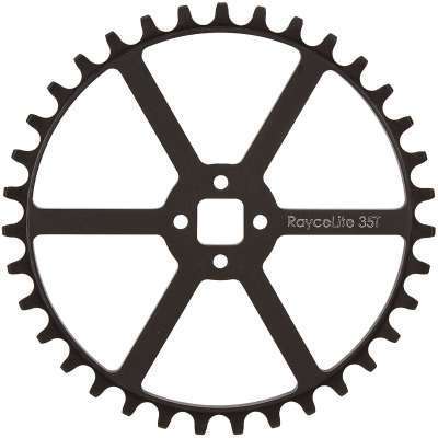 The black Rennen Raycelite Sprocket, designed for micro mini racers, features 35 teeth and is meticulously crafted from CNC machined aluminum.