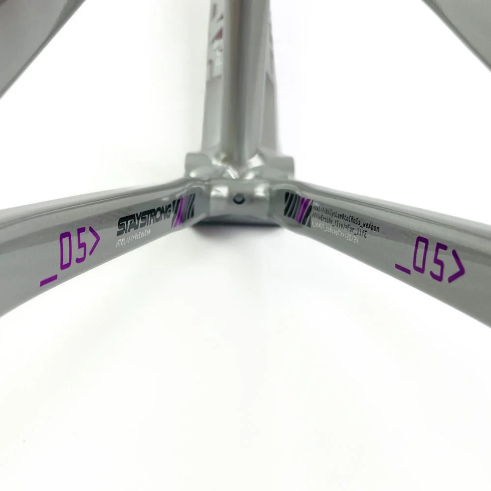 Close-up view of a silver tripod's legs with "Stay Strong" branding and "05" printed in purple on the legs, reminiscent of the robust Staystrong V5 Disc Mini Frame.