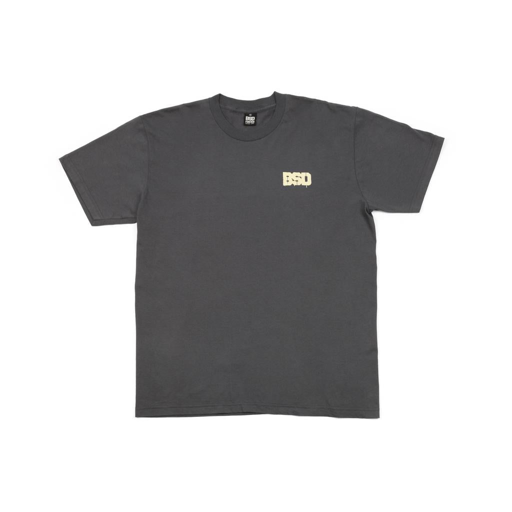 The BSD Spillage T-Shirt (Grey) is a lightweight cotton tee with a small yellow 'BSD' logo on the left chest, featuring high-quality screen prints for lasting style.