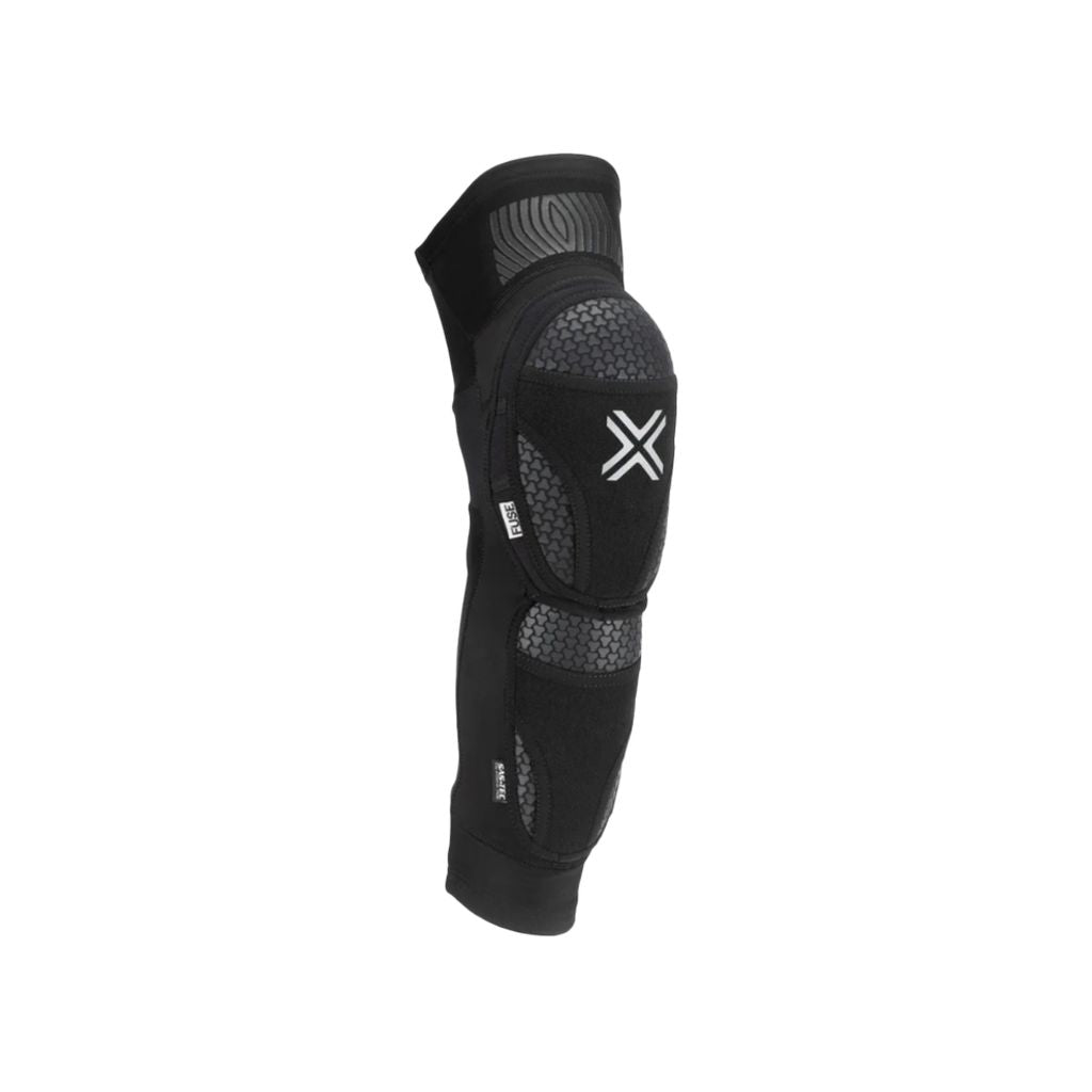 The Fuse Omega 75 Elite Knee/Shin Combo Pads (Pair) in black feature protective padding with a white "X" logo and offer Level 2 Safety Knee Protection for superior coverage.