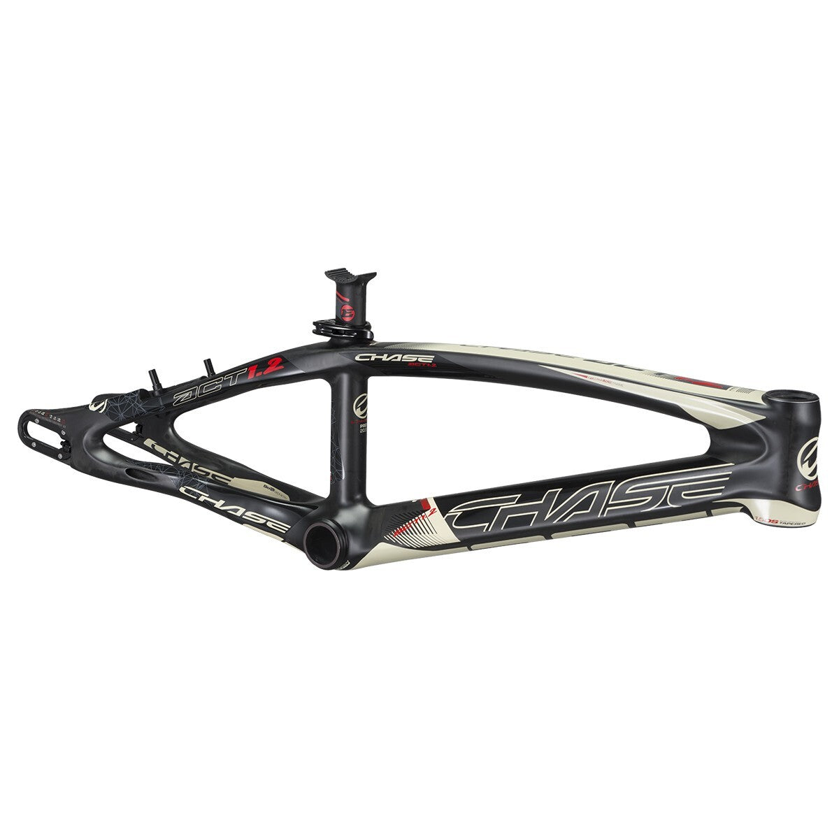 A black and white Chase ACT 1.2 Carbon BMX Race Frame Pro + with red accents, featuring a sleek, aerodynamic design crafted from Carbon Monocoque Frame technology.