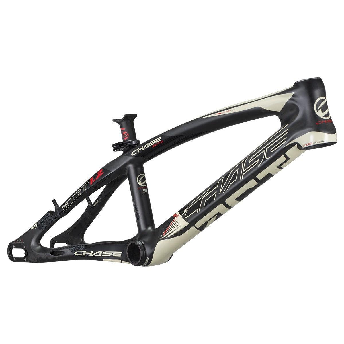 A black and white carbon monocoque bicycle frame with red accents labeled "Chase ACT 1.2 Carbon BMX Race Frame Pro XXL+" on the side, featuring a sleek design and branding details, ideal for BMX racing.