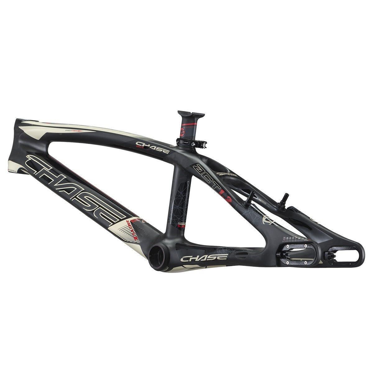 A black and white BMX racing frame with the brand name "Chase" printed on it. The Chase ACT 1.2 Carbon BMX Race Frame Pro + includes the main triangle, seat post, and rear triangle components, crafted with precision for competitive riders.