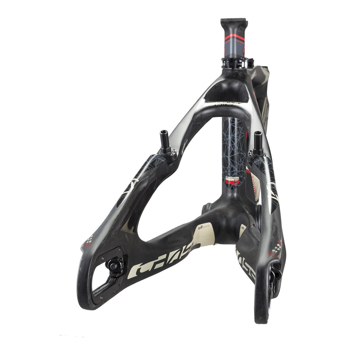 A black and white carbon monocoque Chase ACT 1.2 Carbon BMX Race Frame Pro XXL+ with red accents, viewed from the rear, showcasing its rear triangle structure and seat post.