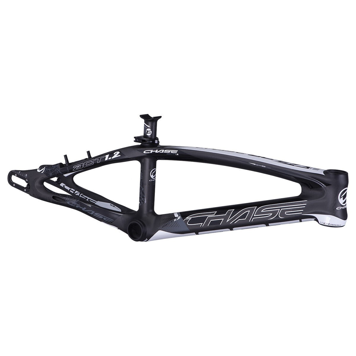 A black and white Chase ACT 1.2 Carbon BMX Race Frame Pro XXL+ with "Chase" branding on the side, designed for high-performance BMX racing.