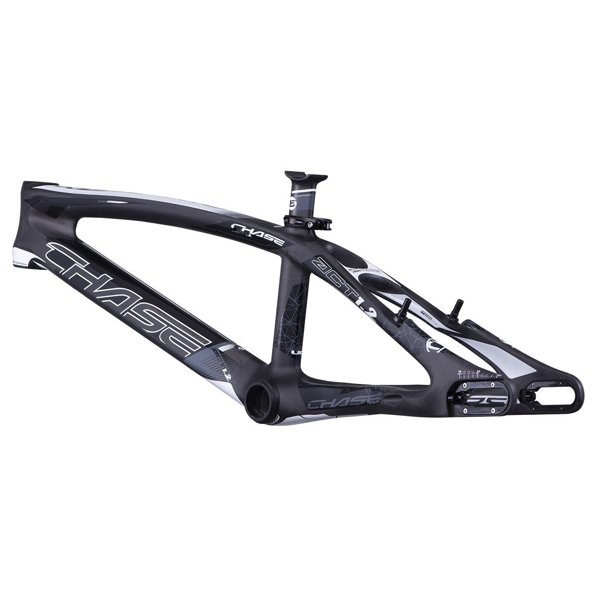 Black and white BMX racing frame with "Chase ACT 1.2 Carbon BMX Race Frame Pro XXL" branding, featuring aerodynamic design, Advanced Carbon Technology, and a rear wheel mount.