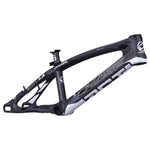 Image of a black and white Chase ACT 1.2 Carbon BMX Race Frame Pro XXL featuring prominent logos and an aerodynamic carbon monocoque design.