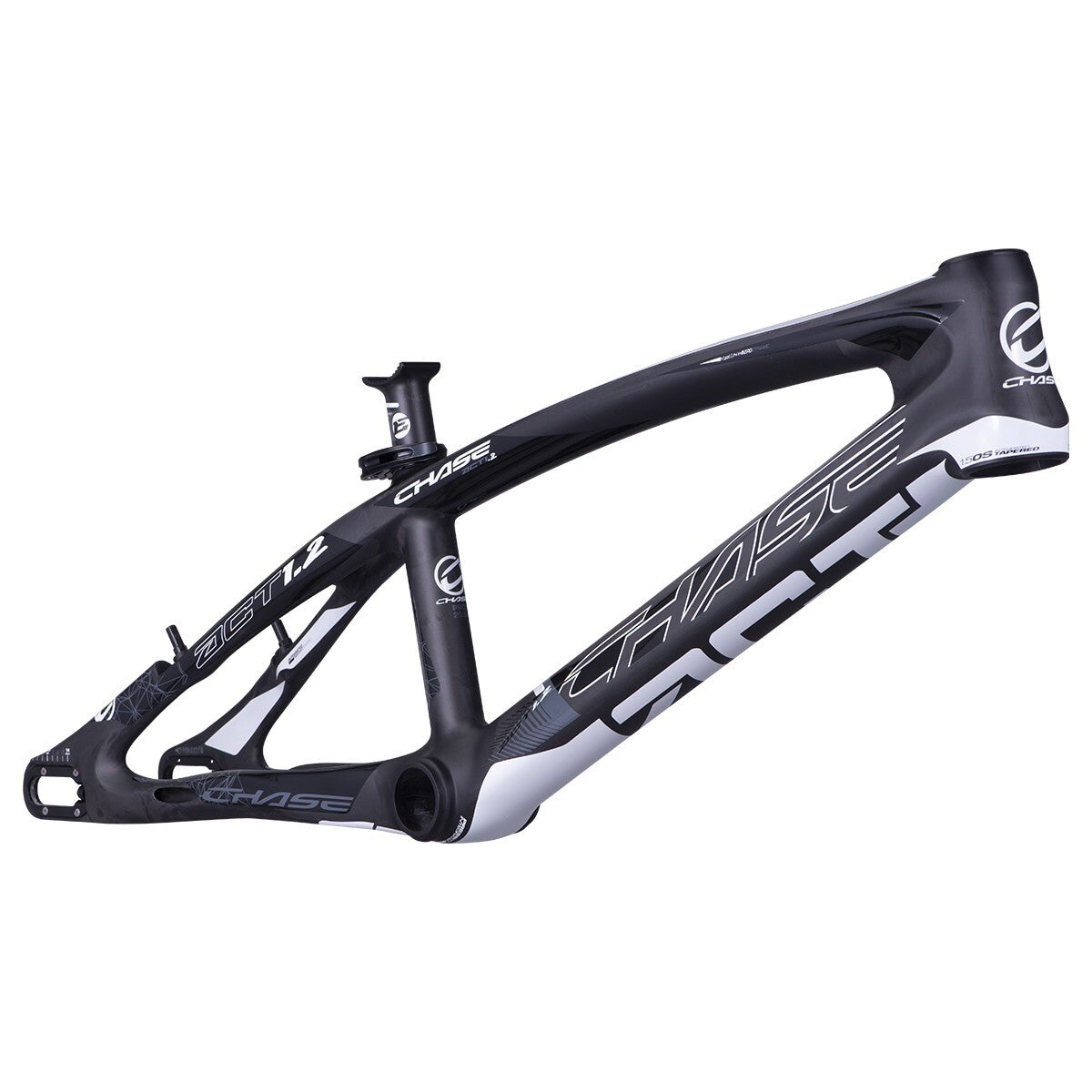 A sleek and modern black and white BMX racing frame, the Chase ACT 1.2 Carbon BMX Race Frame Pro XXL+ features a durable Carbon Monocoque Frame with the brand name "Chase" and model "ACT 1.2" prominently displayed.