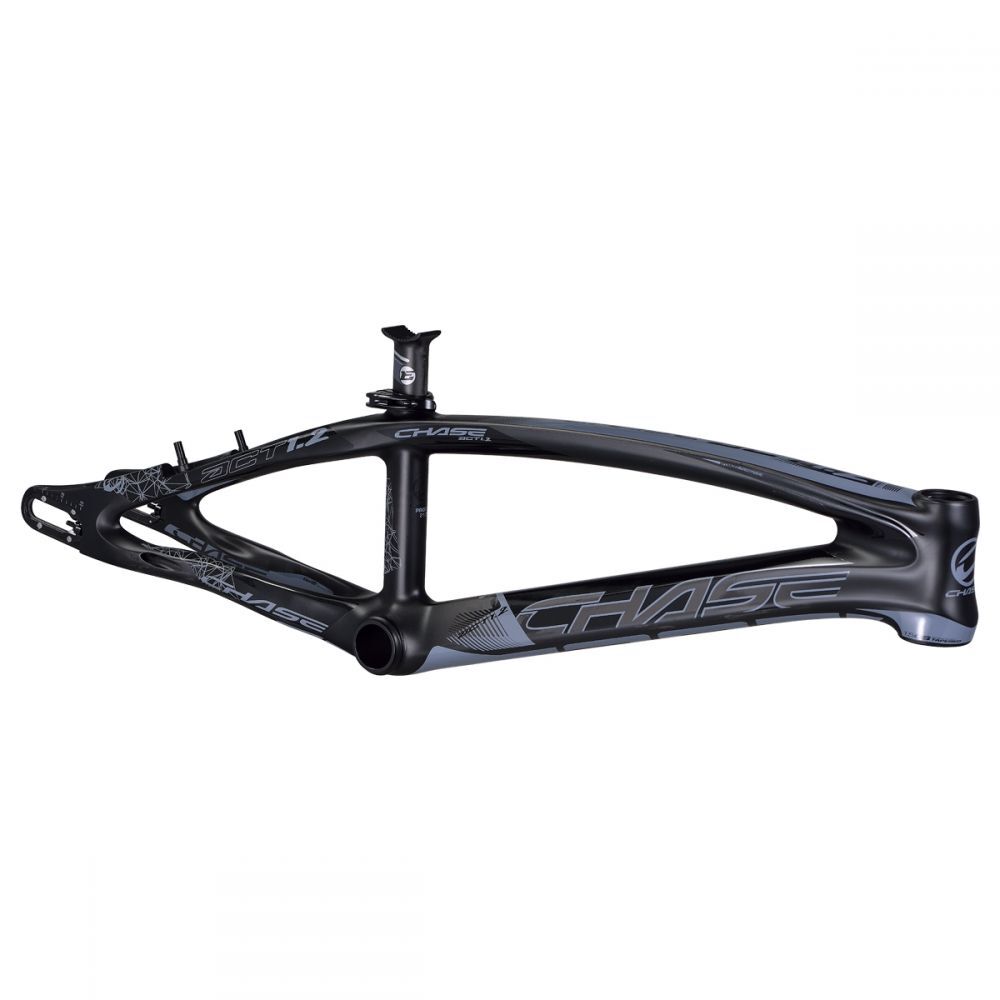 A black and gray Chase ACT 1.2 Carbon BMX Race Frame Pro + frame is shown on a white background. The BMX racing frame features sleek, curved lines and text reading "Chase" and "20 TT.