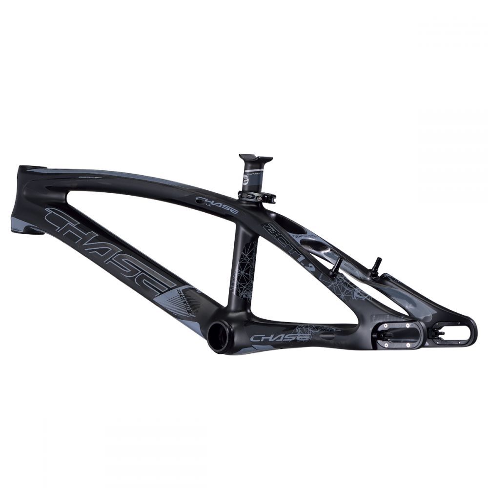 A black BMX racing frame with "Chase" branding, featuring a modern aerodynamic design, the Chase ACT 1.2 Carbon BMX Race Frame Pro + boasts a high-performance carbon monocoque construction.