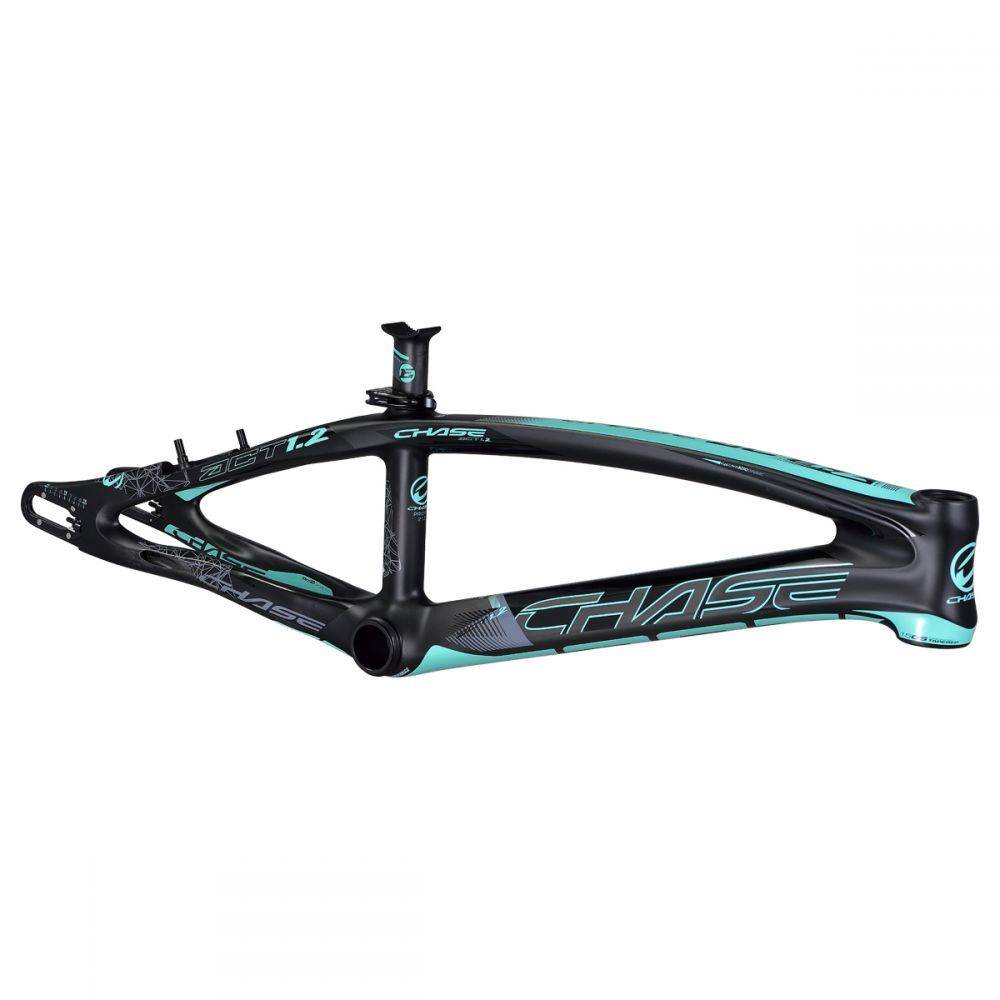 A black and teal bicycle frame from the brand Chase, featuring aerodynamic design with prominent branding on the top tube and down tube. The Chase ACT 1.2 Carbon BMX Race Frame Pro XXL utilizes Advanced Carbon Technology for enhanced performance and durability.